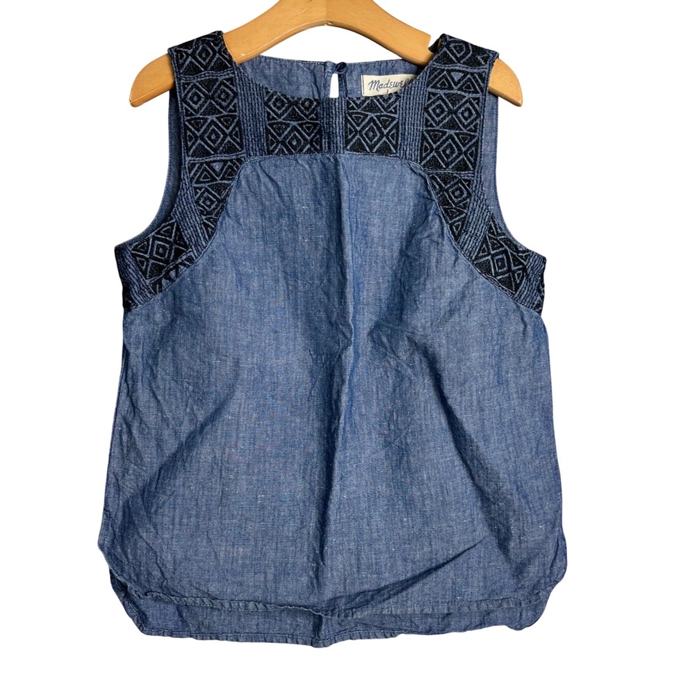 Madewell Embroidered Chambray Cotton Linen Sleeveless Top Blue‎ XS boho indigo